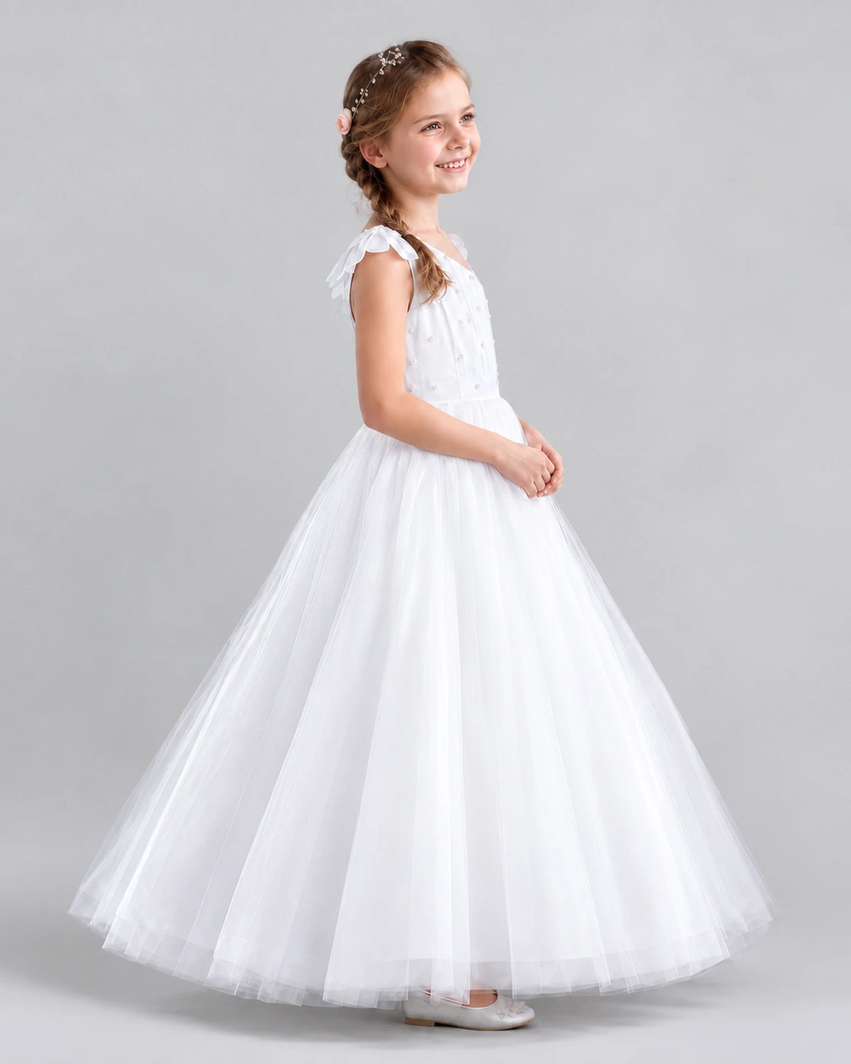 White Ball Gown Girls Formal Dresses Side