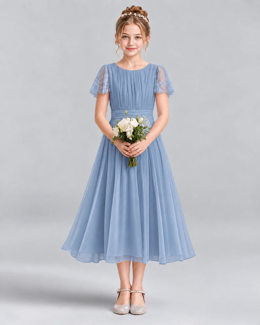 Dusty Blue A-line Junior Bridesmaid Dresses Front
