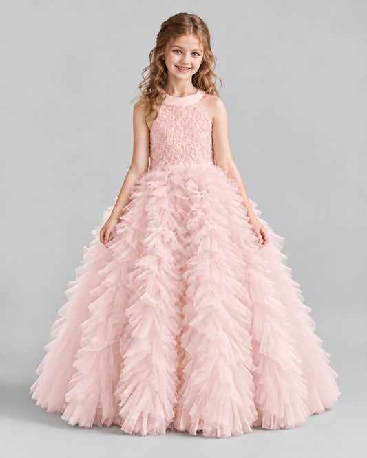 Blush Pink Ball Gown Girls Pageant Dresses Front