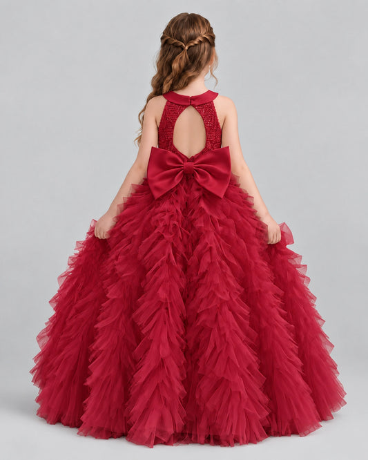 Burgundy Ball Gown Girls Pageant Dresses Back