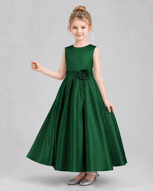 Dark Green Satin A-Line Girls Formal Dresses