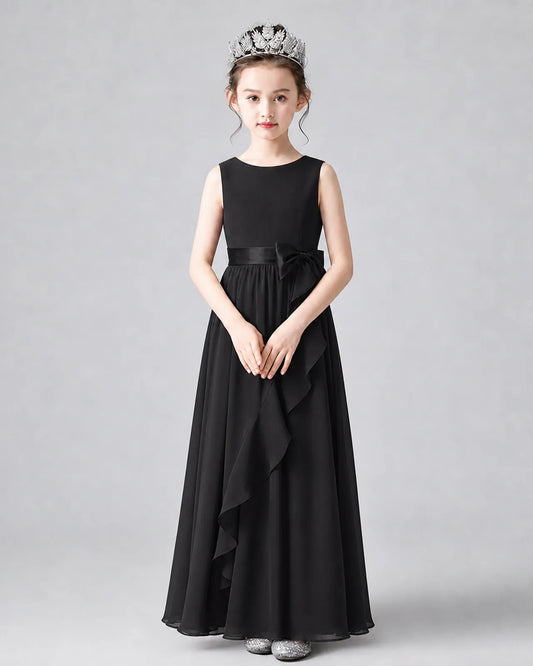 Black Chiffon A-line Junior Bridesmaid Dress Front View