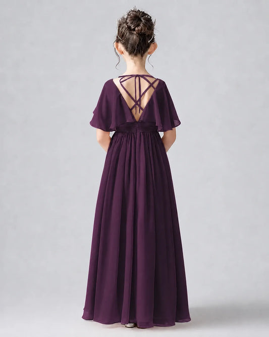 Grape Chiffon A-line Junior Bridesmaid Dress Back View