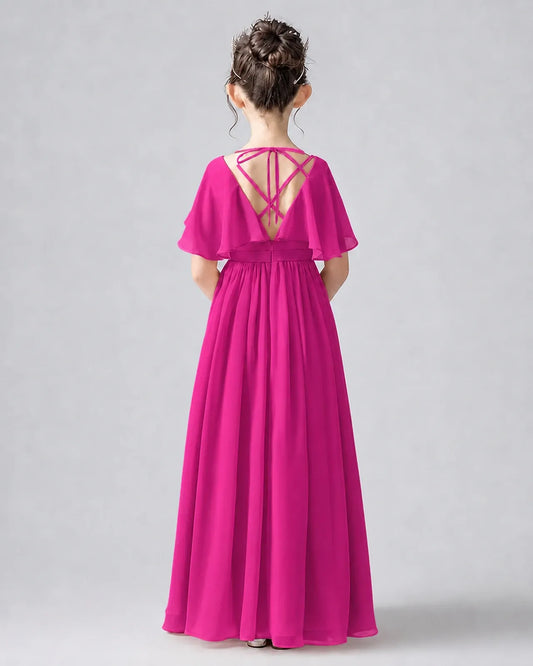 Hot Pink Chiffon A-line Junior Bridesmaid Dress Back View