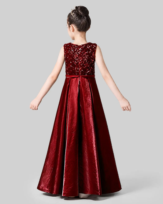 Burgundy Sequins Satin A-line Girls Formal Dress Back View