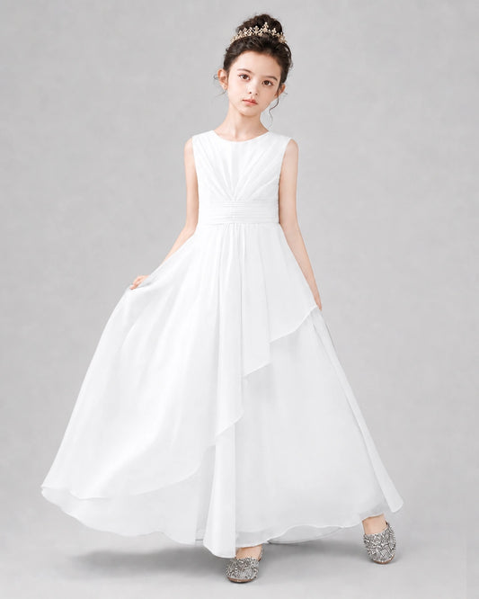 White Chiffon A-line Junior Bridesmaid Dress Front View