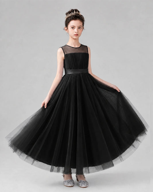 Black Satin Tulle A-line Flower Girl Dress Back View
