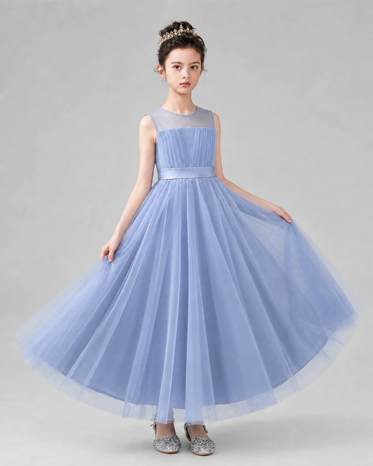 Dusty Blue Satin Tulle A-line Flower Girl Dress Front View