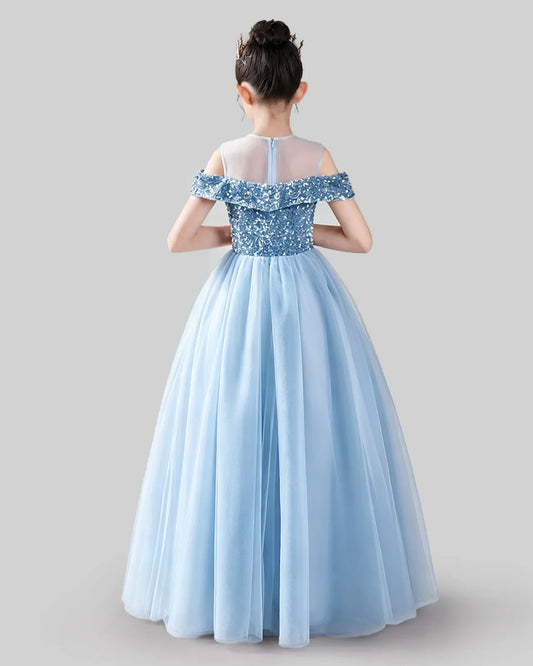 Dideyttawl Sequin Girls Formal Dress with Off-Shoulder Tulle Dress