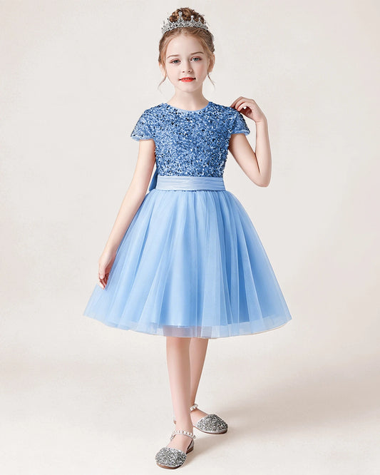 Sky Blue Sequin Tulle A-line Girls Formal Dress Front View