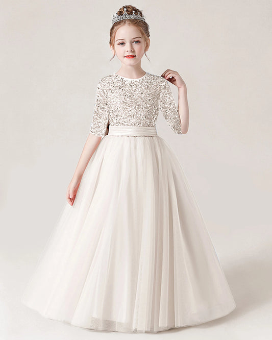 Ivory Sequin A-line Flower Girl Dress Front View