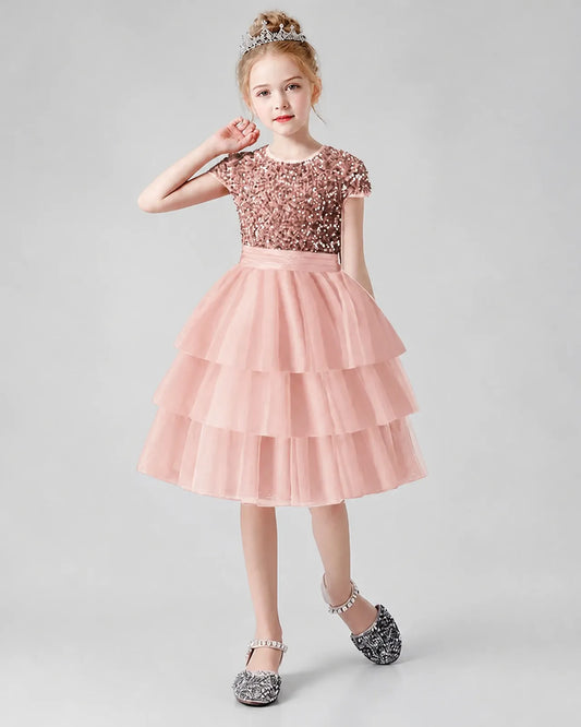 Dideyttawl Girls Formal Dress with Cap Sleeves Sequin Bodice and Tiered Tulle