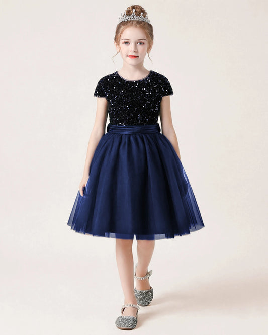 Navy Blue Sequin Tulle A-line Girls Formal Dress Front View