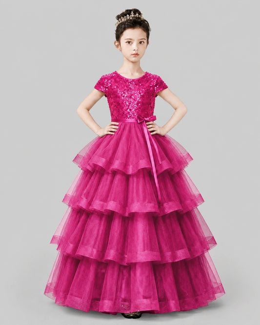Hot Pink Tulle Ball Gown Pageant Dress Front View