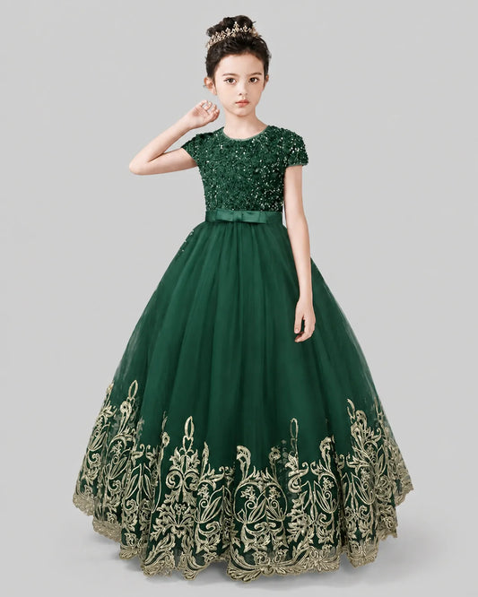 Dark Green Tulle Ball Gown Pageant Dress Front View