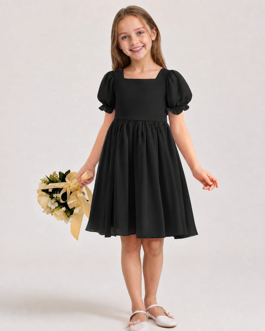 Black Chiffon A-line Flower Girl Dress Front View