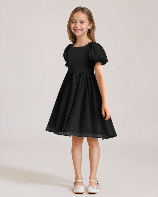 Black Chiffon A-line Flower Girl Dress Front View