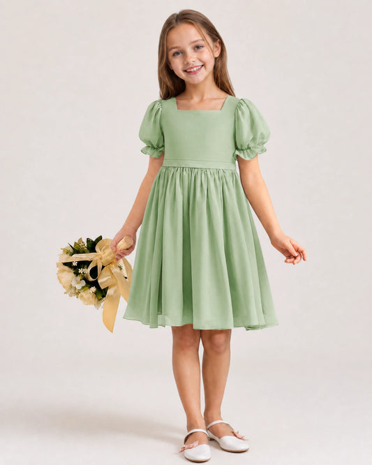 Sage Green Chiffon A-line Flower Girl Dress Front View