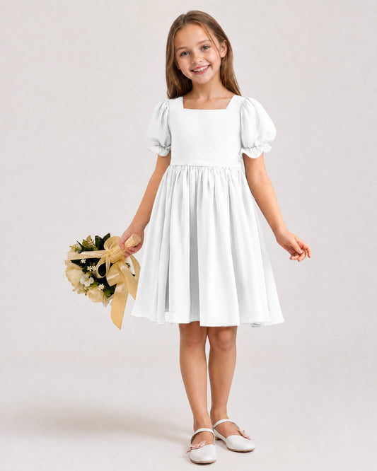 White Chiffon A-line Flower Girl Dress Front View