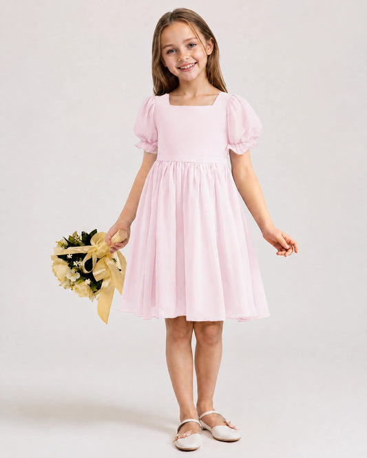 Blush Pink Chiffon A-line Flower Girl Dress Front View