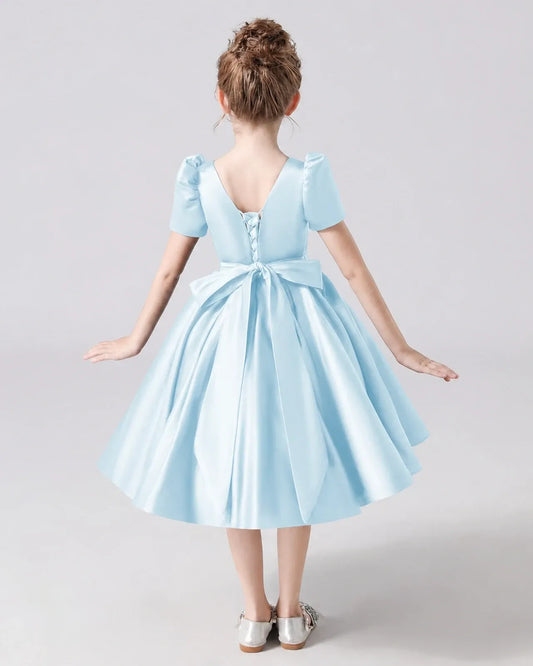 Baby Blue Satin A-line Flower Girl Dress Back View