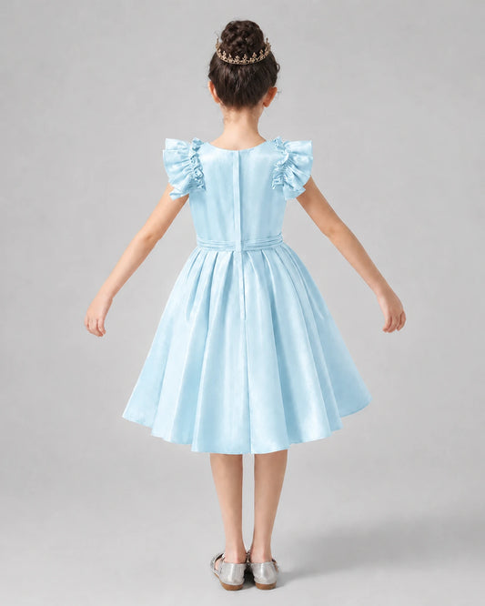Dideyttawl Satin Girls Formal Dress with V Neck and Ruffle Sleeves