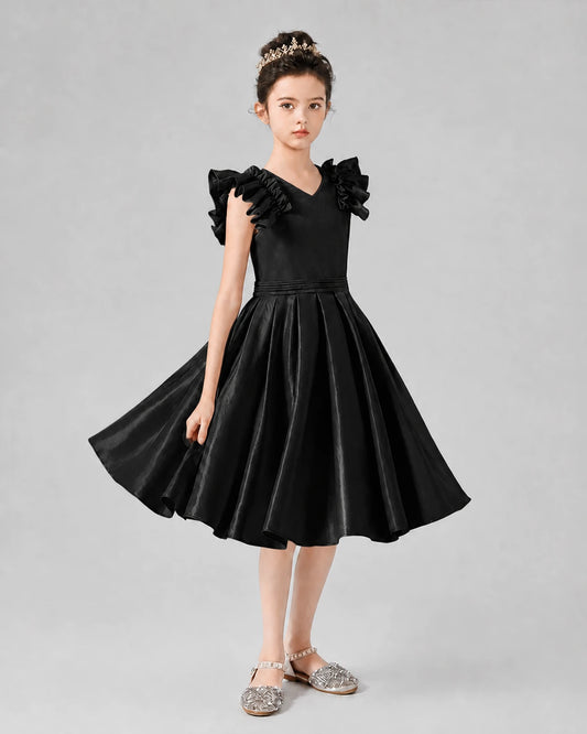 Black satin ruffled-shoulder girls formal dress, front view