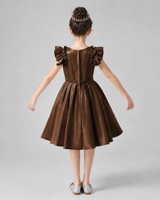 Chocolate Satin Ruffled Girls Formal Dresses Back View