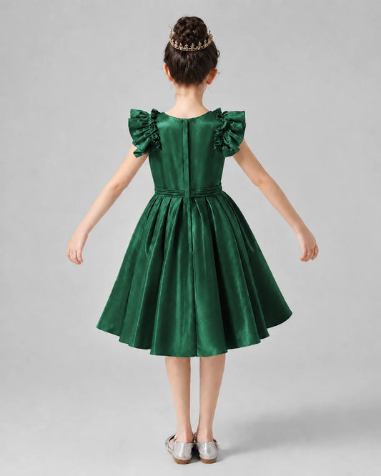 Dark Green Satin Ruffle Sleeve Girls Formal Dresses Back View