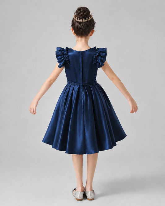 Navy Blue Satin Ruffle Sleeve A-Line Girls Formal Dresses Back View