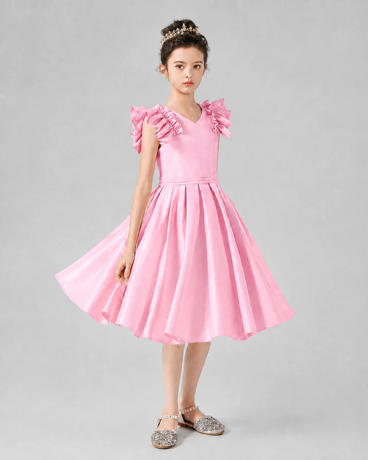 Pink Satin Ruffled A-Line Girls Formal Dresses Front View