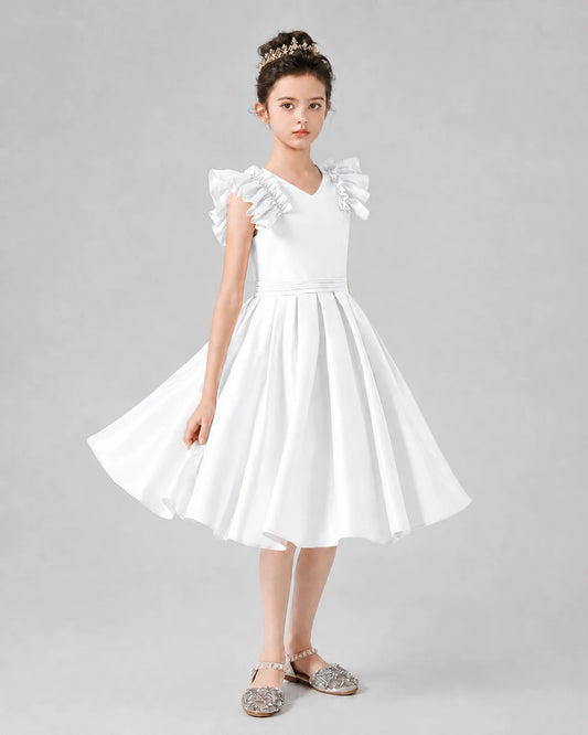 White satin ruffled-sleeve pleated A-line girls formal dress Front View