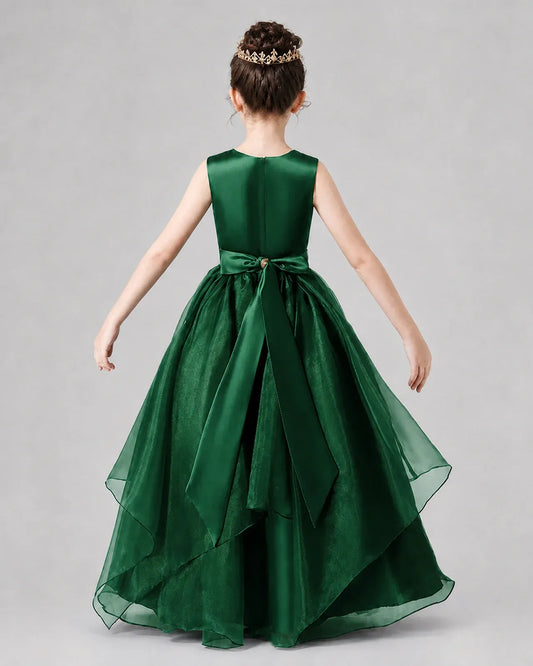 Dark Green Satin and Tulle A-Line Girls Formal Dresses Back View