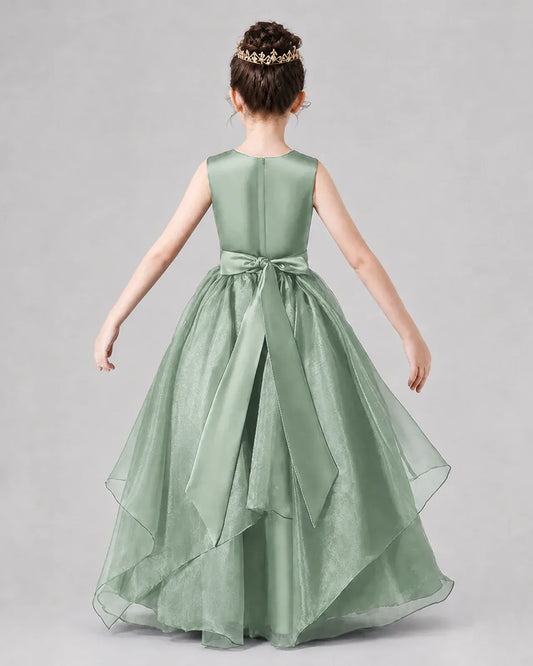 Eucalyptus Satin Tulle A-Line Girls Formal Dresses Back View