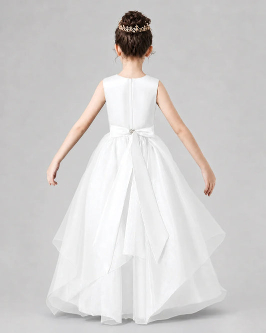 Ivory Satin Tulle A-Line Girls Formal Dresses Back View