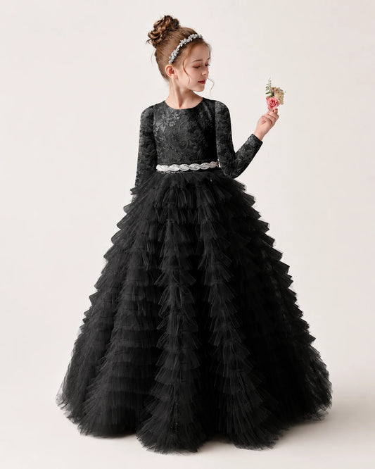 Black Lace Ball Gown Pageant Dress Front View