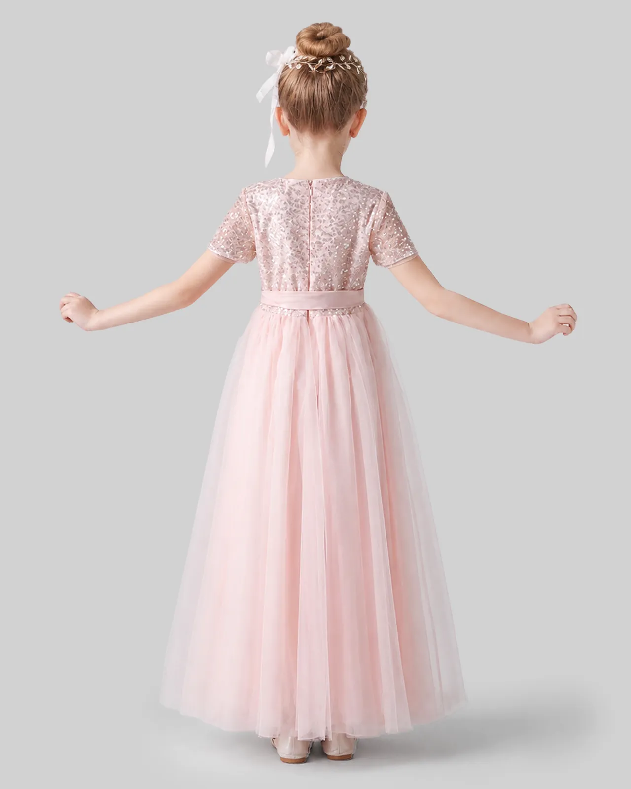 Pink Tulle A-line Flower Girl Dress Back View