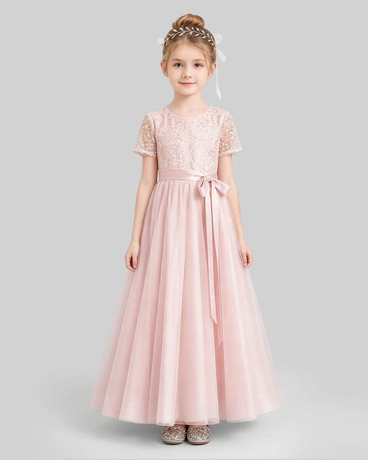 Pink Tulle A-line Flower Girl Dress Front View