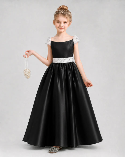 Black Satin A-Line Pageant Dresses Front View