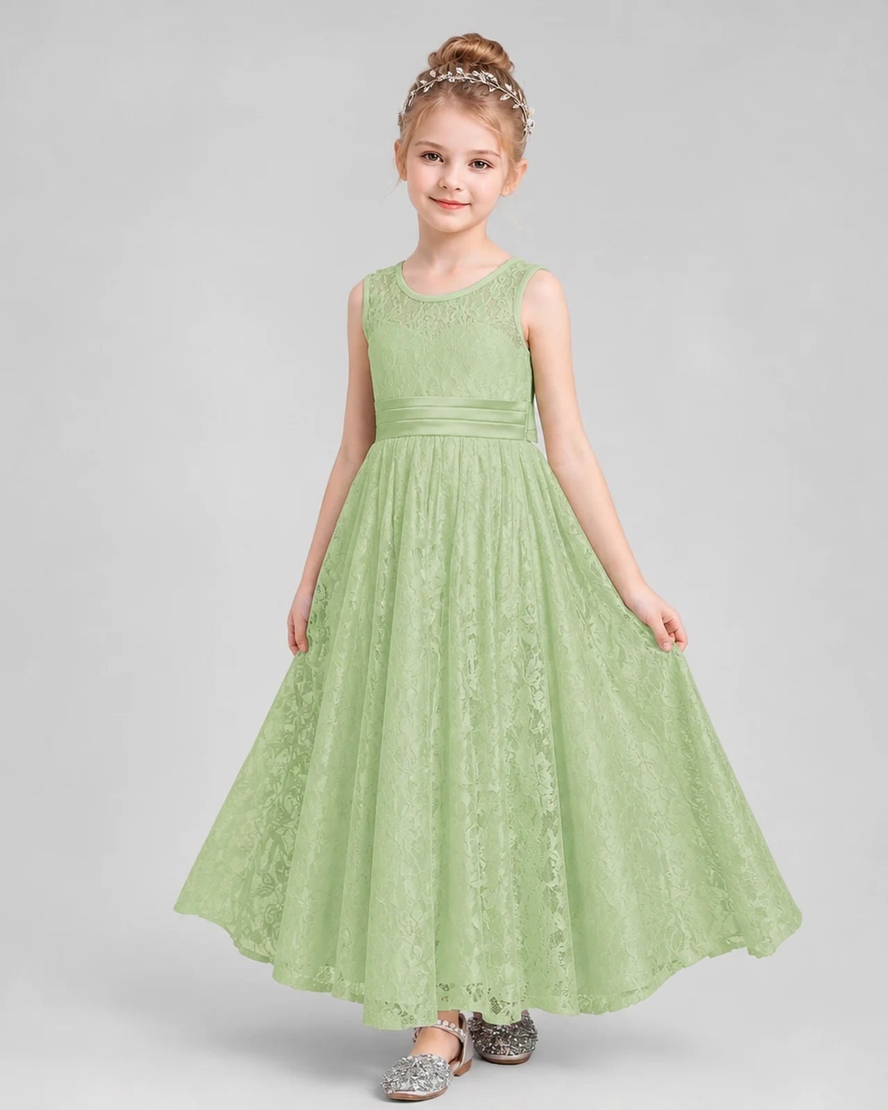 Sage Green Lace A-Line Flower Girl Dresses Front View