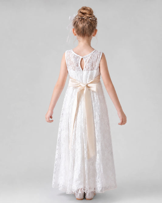 Dideyttawl Flower Girl Dress with Sleeveless Lace Bodice and Bow