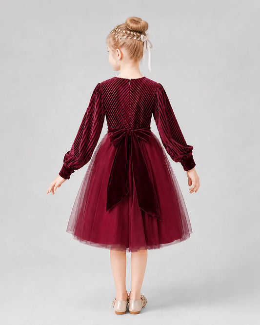 Burgundy Tulle A-line Girls Formal Dress Back View