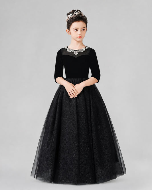 Black Velvet and Tulle A-line Girls Formal Dresses Front View