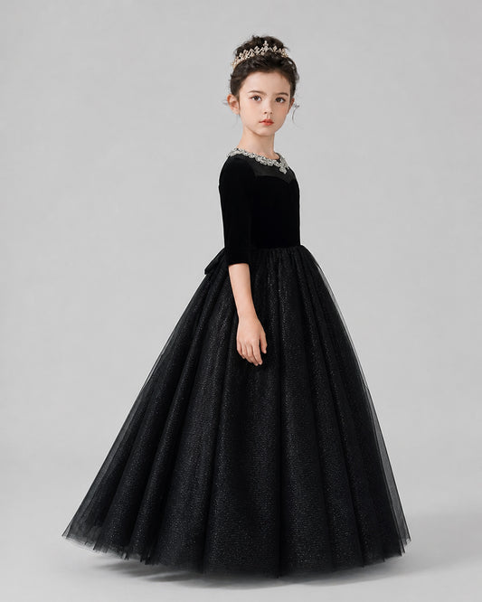 Black Velvet and Tulle A-Line Girls Formal Dresses Side View