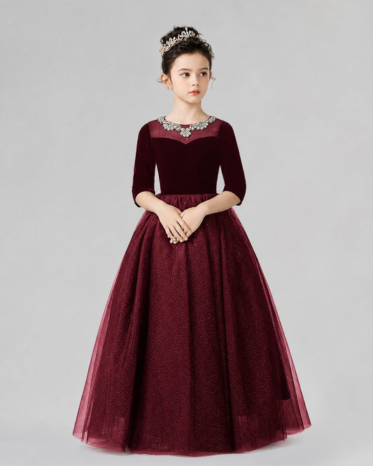 Burgundy velvet tulle A-line gown Girls Formal Dresses Front View