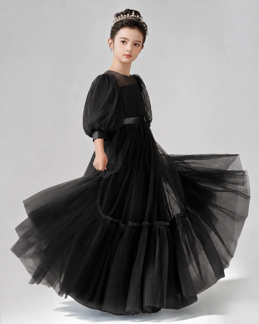 Black Satin Tulle A-line Girls Formal Dress Side View
