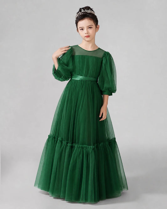 Dark Green Satin Tulle A-line Girls Formal Dress Front View