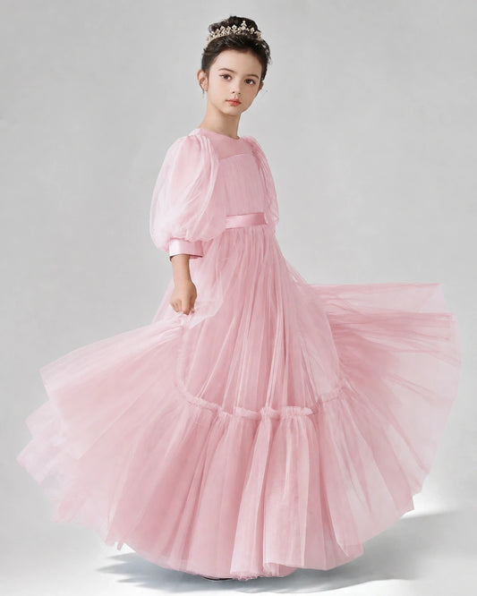 Pink Satin Tulle A-line Girls Formal Dress Side View
