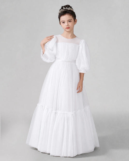 White Satin Tulle A-line Girls Formal Dress Front View
