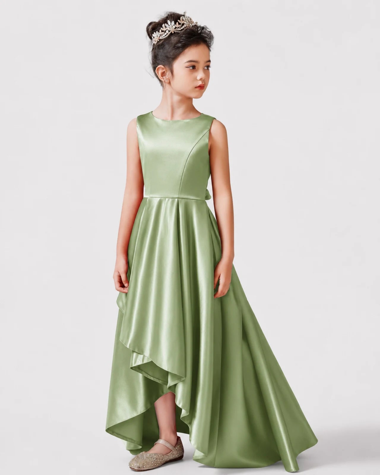 Sage Green Front Satin Flower Girls Dress